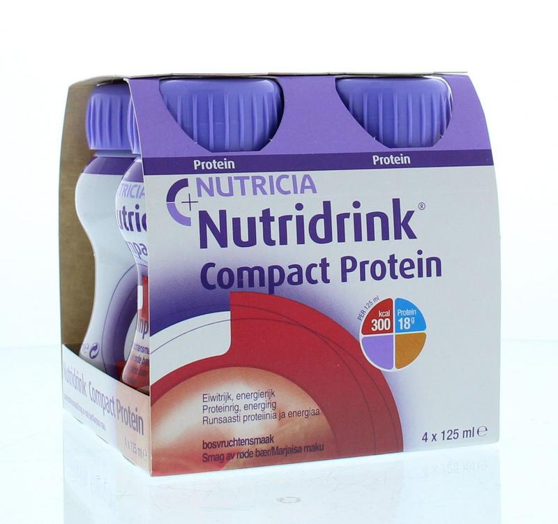 Nutridrink Compact protein rode vruchten medical diet food in 125g packaging, four pieces, with colorful fruit-flavored drink containers.