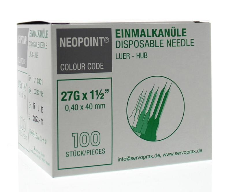 Sterile Neopoint Injectienaald lancet 0.4 x 40 mm, 100 pieces, used for blood sampling in medical procedures.