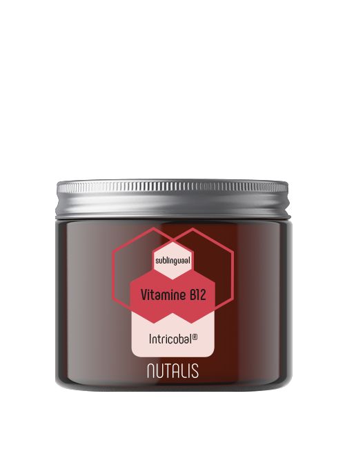 Nutalis Intricobal vitamin B12 60 tablets, dietary supplement in a clear bottle with tablets visible inside.