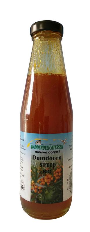 Waddendeli bio duindoorn siroop in 500ml bottle, natural sweetener with organic sea buckthorn flavor, for drinks and recipes.