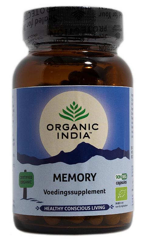 Organic India Memory bio herbal supplement capsules, 90-count container with green and white packaging and label details visible.