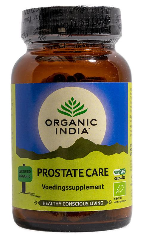 Organic India Prostate Care bio capsules for men's health, featuring herbal kruidenpreparaten in a clear bottle with capsules inside.