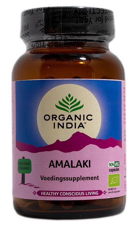 Organic India Amalaki bio capsules, 90 vegan herbal supplement capsules, shown in clear bottle with green label.
