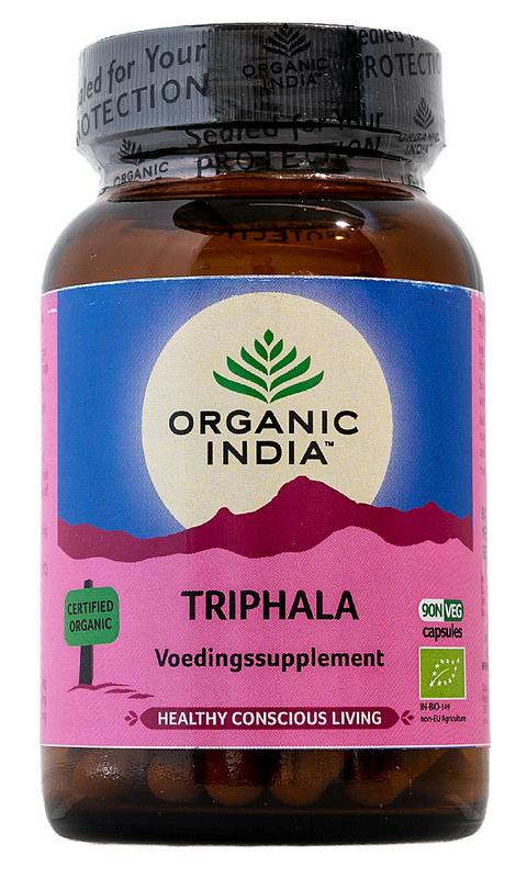 Organic India Triphala bio vegetarian capsules, herbal supplement in a clear bottle with 90 capsules visible.