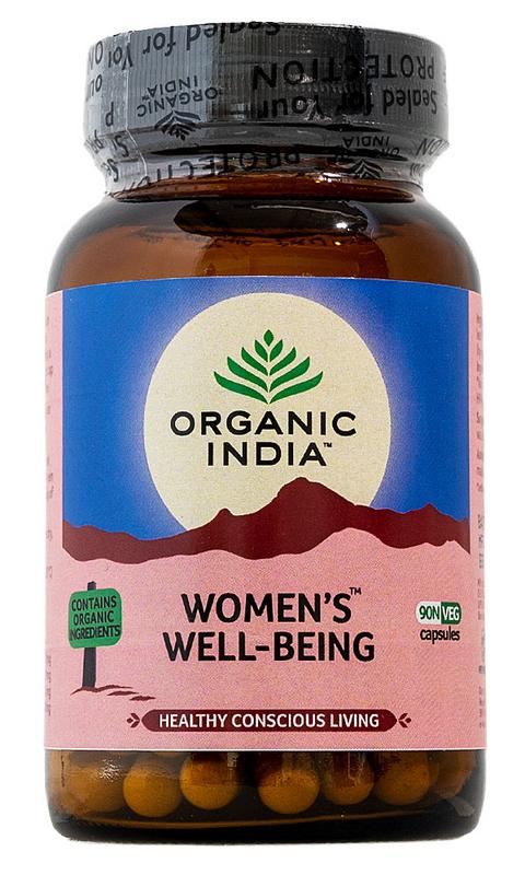 Organic India Women's Well Being Bio capsules, 90-count herbal supplement bottle with green label and capsules inside.