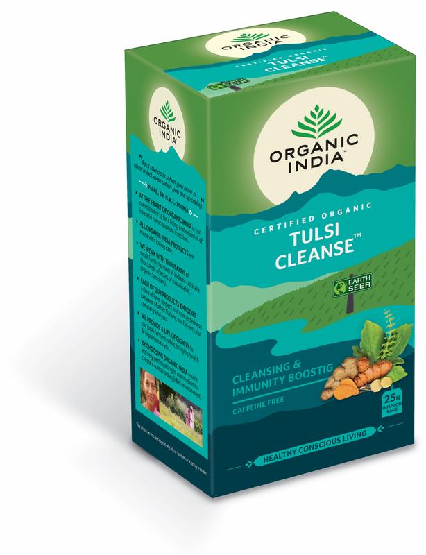 Organic India Tulsi cleanse tea in a box with 25 tea bags, featuring herbal ingredients and natural packaging.