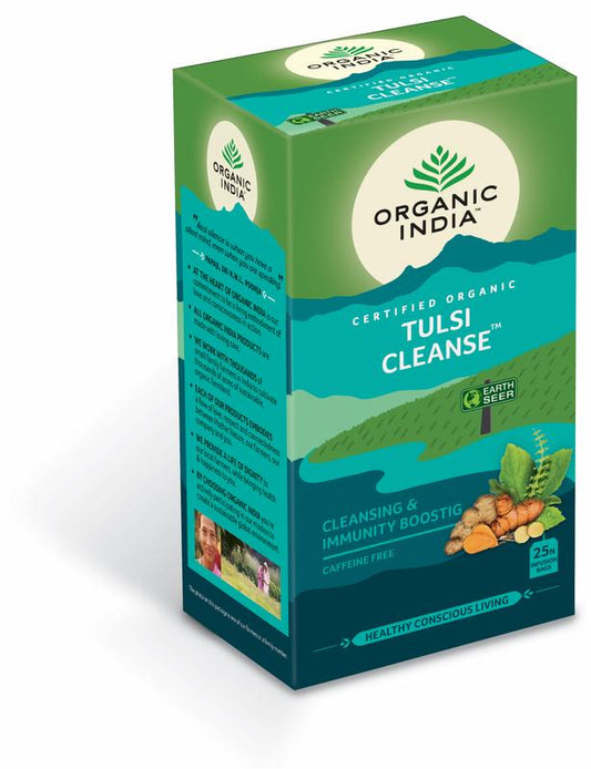 Organic India Tulsi cleanse tea in a box with 25 tea bags, featuring herbal ingredients and natural packaging.