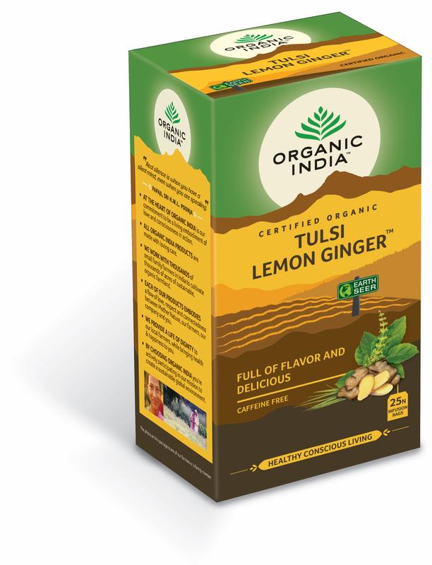 Organic India Tulsi Lemon Ginger tea box with 25 biodegradable tea bags, featuring fresh lemon and ginger ingredients.