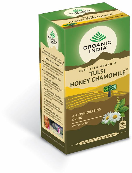 Organic India Tulsi honey chamomile tea bags, organic herbal infusion with tulsi and chamomile in a box of 25 sachets.