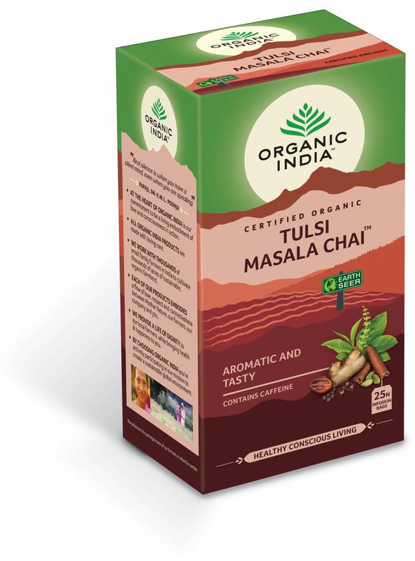 Organic India Tulsi Masala Chai tea bags, organic herbal tea with spices, in a box with 25 tea bags.