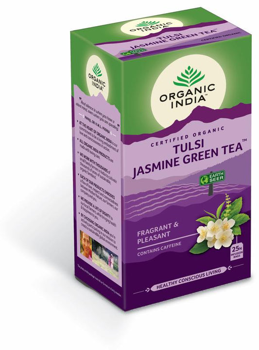 Organic India Tulsi jasmine green tea in 25 tea bags, featuring fragrant jasmine and organic Tulsi herbs in a tea package.