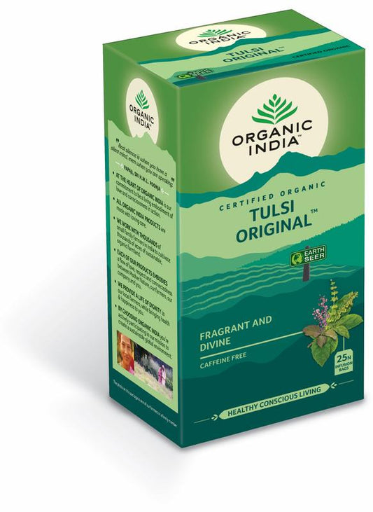 Organic India Tulsi Original Tea in 25 tea bags, showcasing fresh, aromatic herbal tea leaves in a natural packaging.