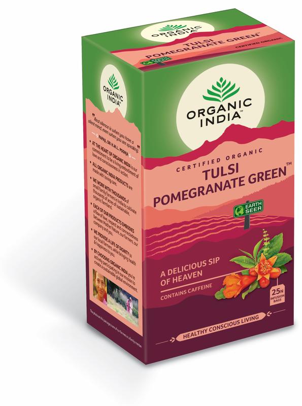 Organic India Tulsi pomegranate green tea in 25 tea bags, featuring fresh green tea leaves with pomegranate and tulsi herbs.