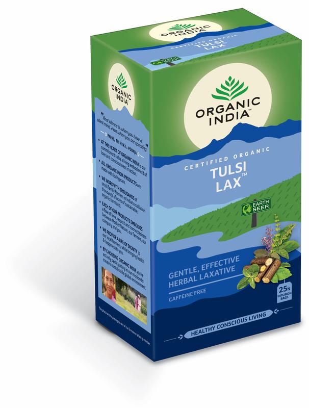 Organic India Tulsi Lax tea in 25 tea bags, featuring herbal infusion with organic tulsi leaves and natural ingredients.