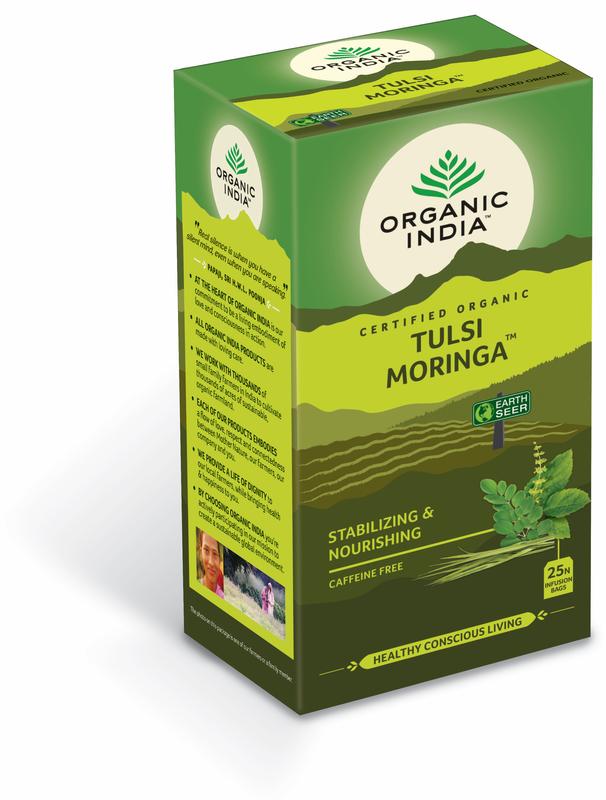 Organic India Tulsi Moringa tea in 25 bio tea bags, featuring herbal blend with fresh leaves and tea infusions.