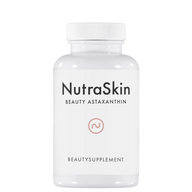 Nutraskin Astaxanthin beauty softgels in a bottle, dietary supplement for skin health, natural herbal product by Nutraskin