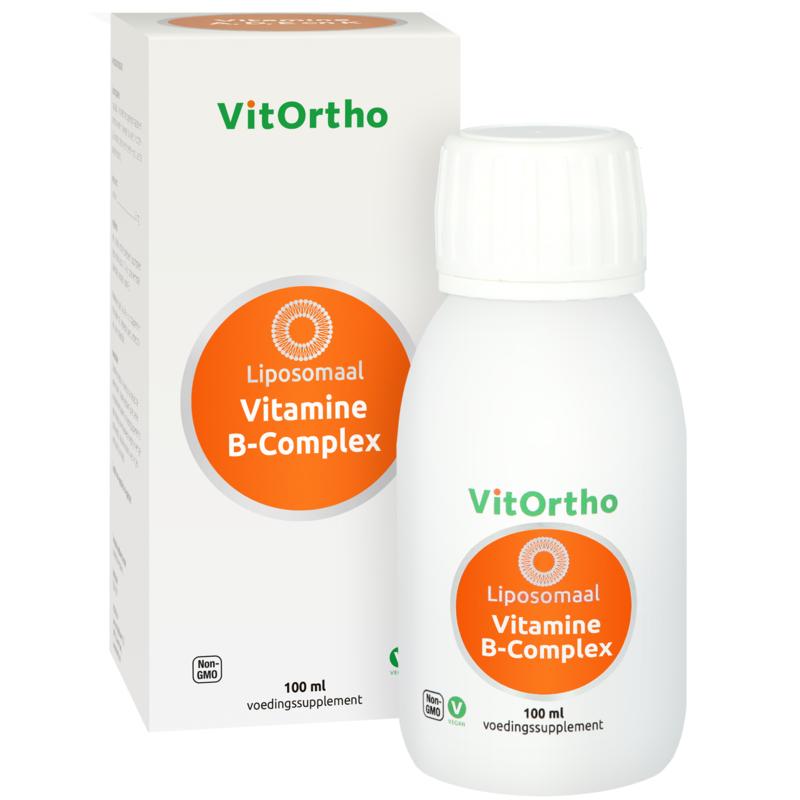 Bottle of VitOrtho B-complex liposomal vitamin supplement in 100ml bottle, showing the product label and packaging.