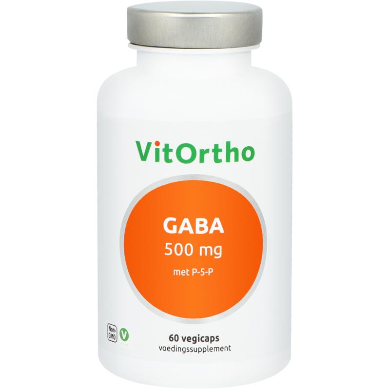 VitOrtho GABA 500mg vegetarian amino acid capsules, showing the bottle with label and capsules inside.