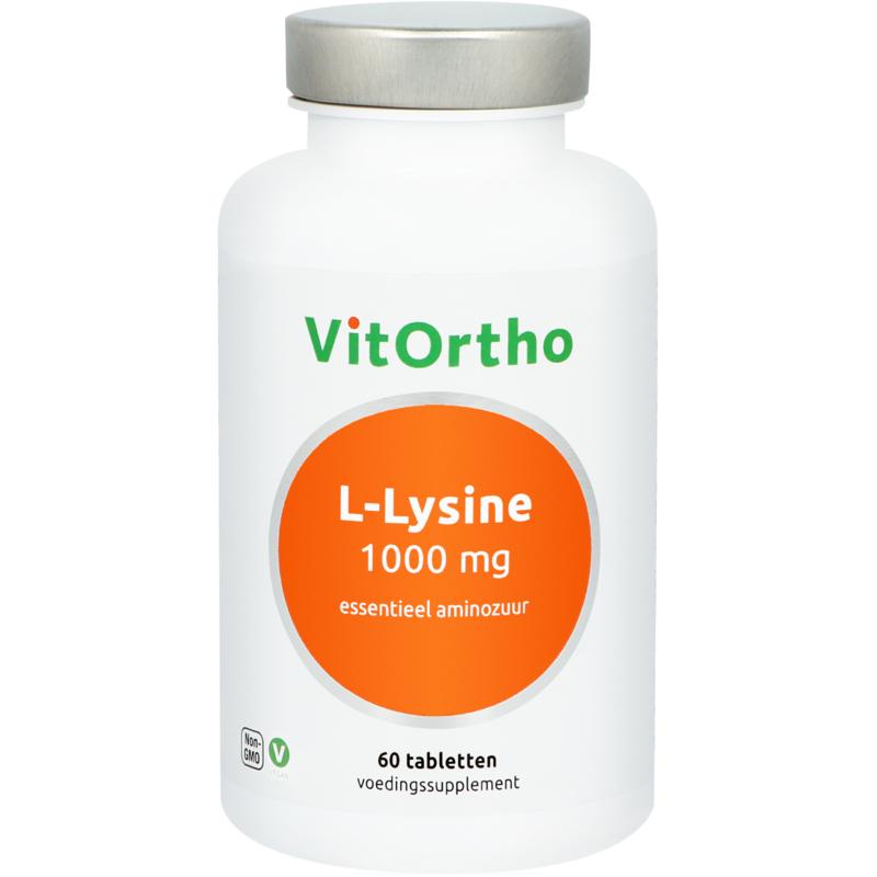 VitOrtho L-Lysine 1000mg amino acid tablets, 60 count, showing the supplement bottle and tablets on a white background.