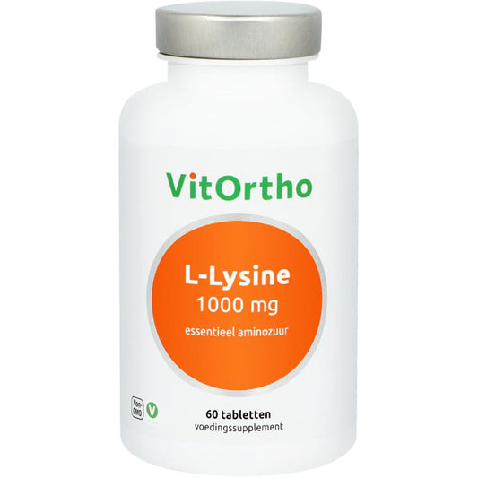 VitOrtho L-Lysine 1000mg amino acid tablets, 60 count, showing the supplement bottle and tablets on a white background.