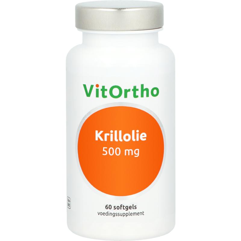 VitOrtho Krillolie 500mg softgels, a bottle of 60 Vetzuren omega-3 supplements with red softgel capsules.