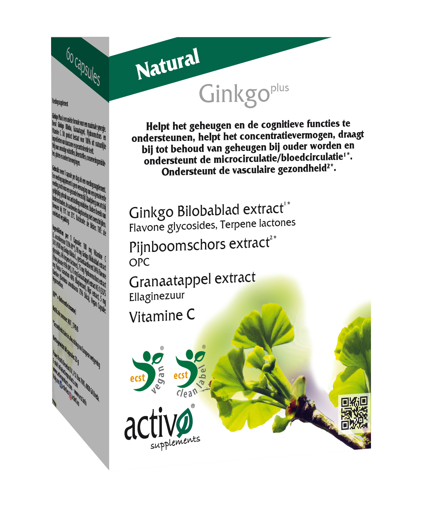 Activo Ginkgo Plus vegetarian capsules, herbal supplement bottle with green label and capsules inside.