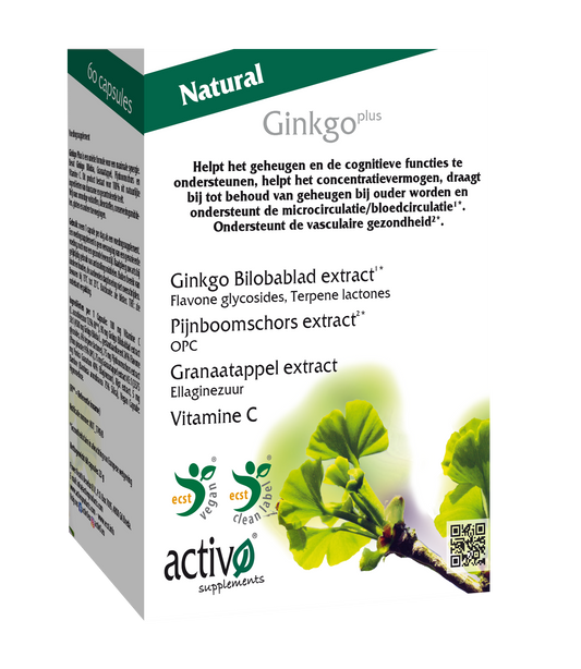 Activo Ginkgo Plus vegetarian capsules, herbal supplement bottle with green label and capsules inside.