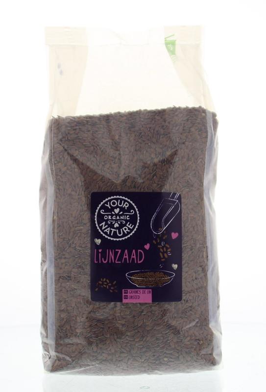 Raw organic flaxseed from Your Organic Nature, 1 kg, superfood, shown in a clear image of fresh, whole flaxseeds.