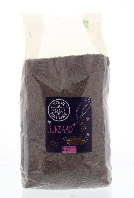 Raw organic flaxseed from Your Organic Nature, 1 kg, superfood, shown in a clear image of fresh, whole flaxseeds.