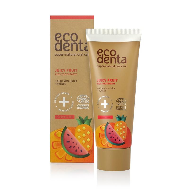 Ecodenta Kids Juicy Fruit toothpaste in a 75ml tube, featuring colorful packaging and a fun fruity design for children.
