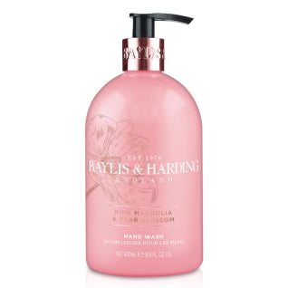 Baylis & Harding pink magnolia and pear blossom hand wash bottle, 500ml, with a sleek label and pink-colored liquid inside.