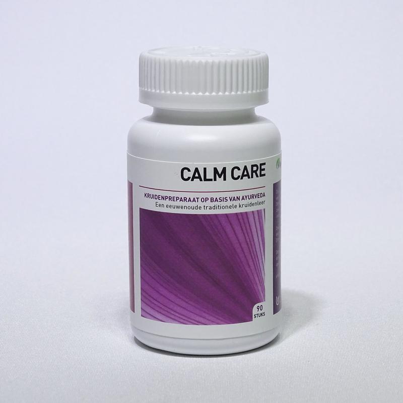 Ayurveda Health Calmcare herbal tablets in a white container with a label, designed for natural health and wellness.