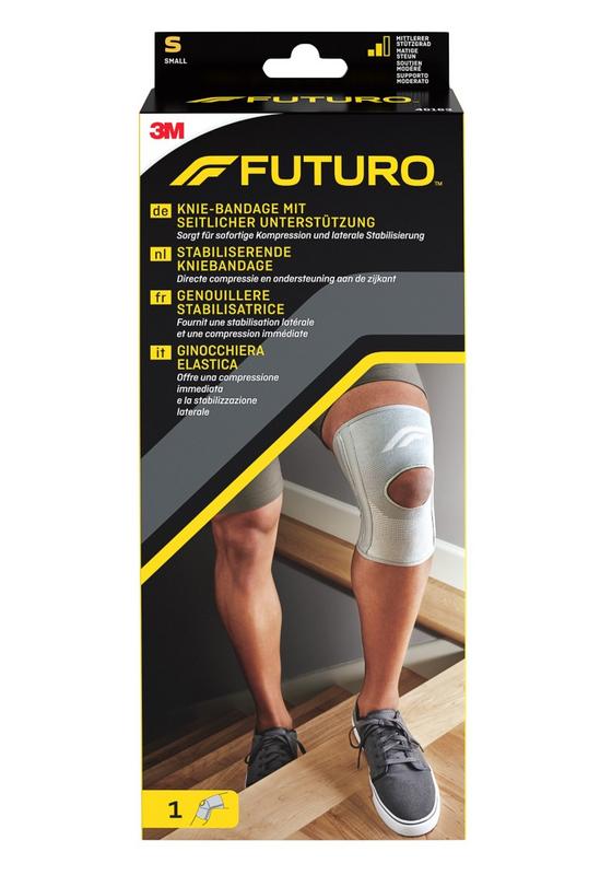 Futuro Kniebandage maat S, a supportive elastic knee brace, shown on a white background with its open design for knee support.