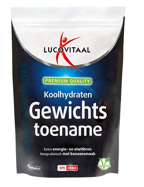 Lucovitaal Aminozuren functional food for weight gain in a 375g container, featuring nutrient-rich amino acids for muscle support.