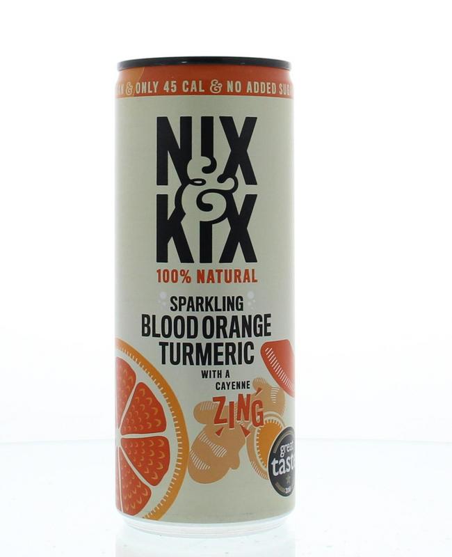 Nix & Kix Blood Orange Turmeric Drink 250ml in a clear glass bottle, featuring vibrant orange and turmeric root visible inside.
