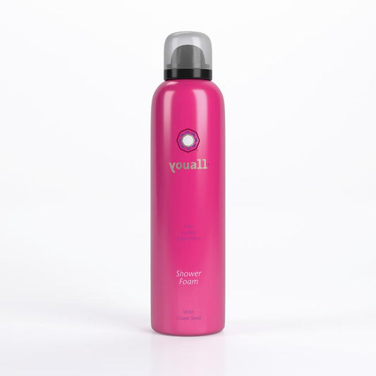 YouAll Luxury Douche Foam bottle, 200ml, in white packaging with blue accents, designed for intimate hygiene.
