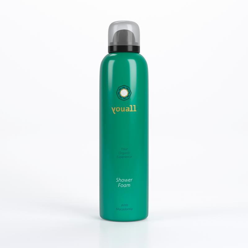 YouAll Organic doucheschuim in 200ml bottle, gentle feminine hygiene product suitable for bathroom use.
