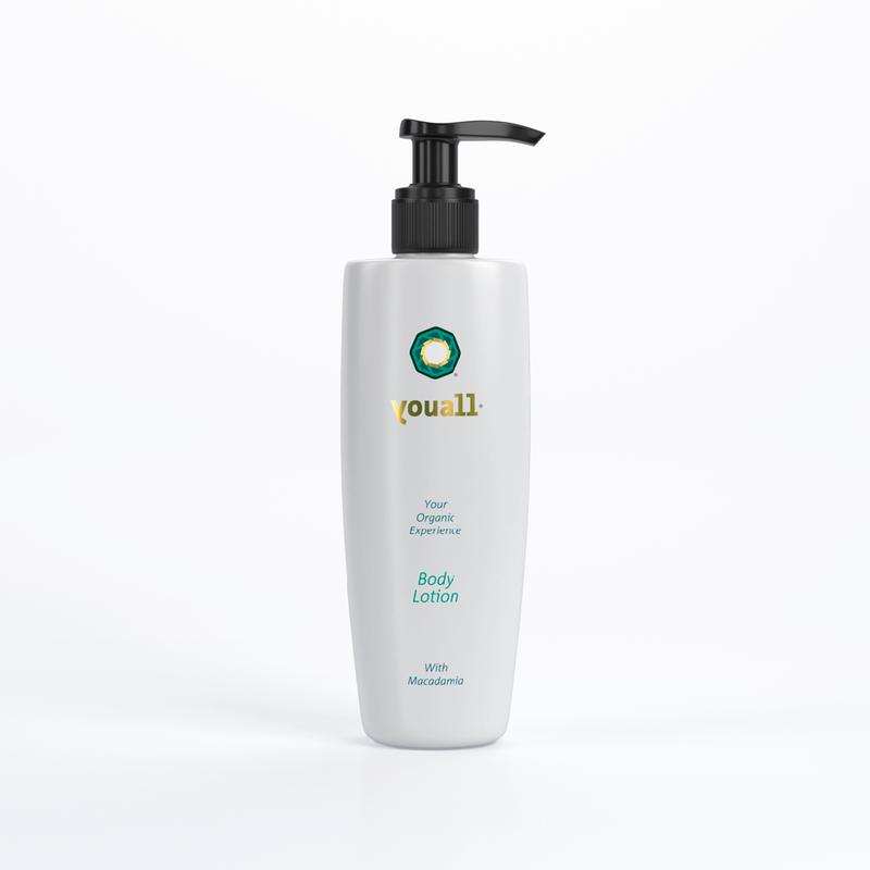YouAll organic macadamia body lotion in 200ml bottle, moisturizing body care product with creamy texture and natural ingredients.
