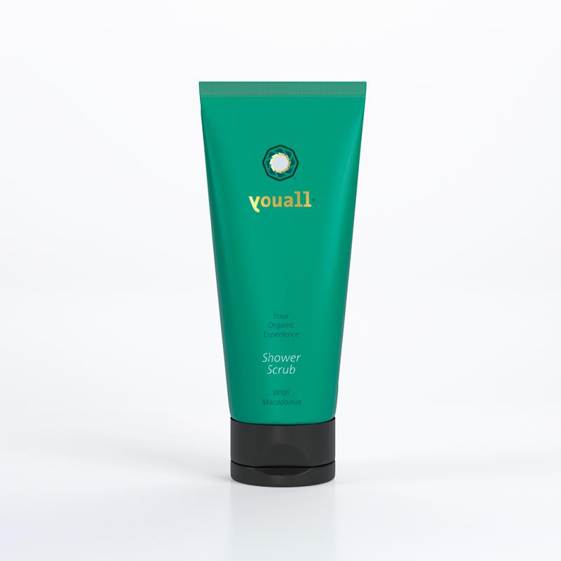 YouAll organic macadamia shower scrub in a 200ml bottle, featuring natural ingredients for gentle cleansing and exfoliation.