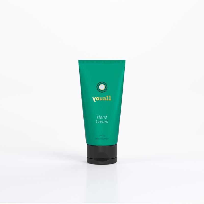 YouAll Organic hand cream in a 75ml tube, showcasing smooth, creamy texture and natural ingredients for hand skincare.