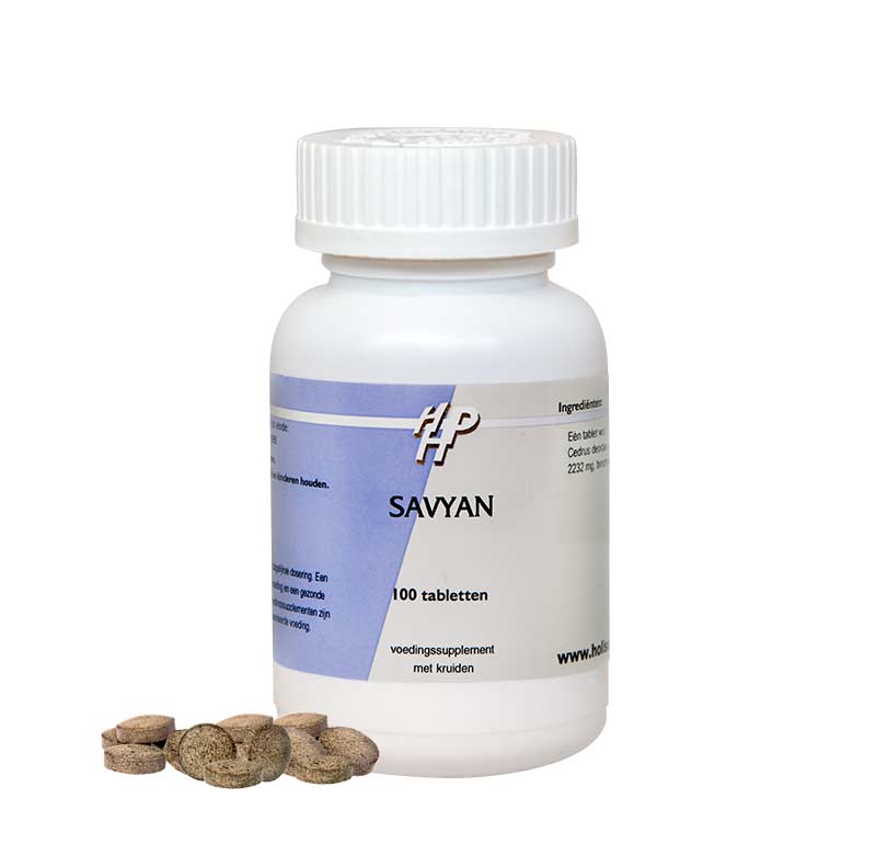 Ayurveda Savyan 100 tablets herbal supplement in a clear bottle, featuring traditional herbal ingredients and natural packaging.