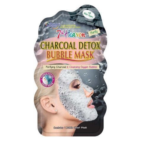 Montagne 7th Heaven charcoal detox bubble face mask sheet, hydrating and cleansing for revitalized skin.