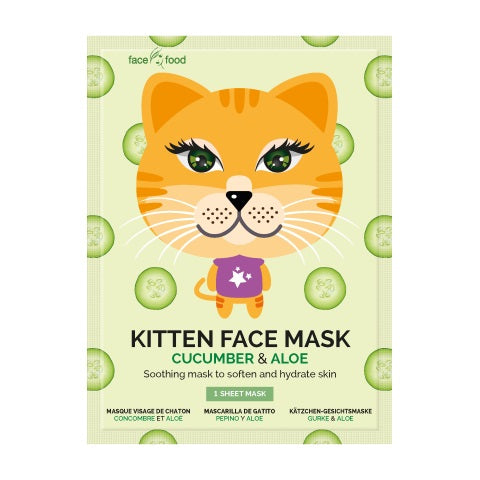 Montagne Kitten face sheet mask with cucumber and aloe, soothing and hydrating skincare product, shown in the image.