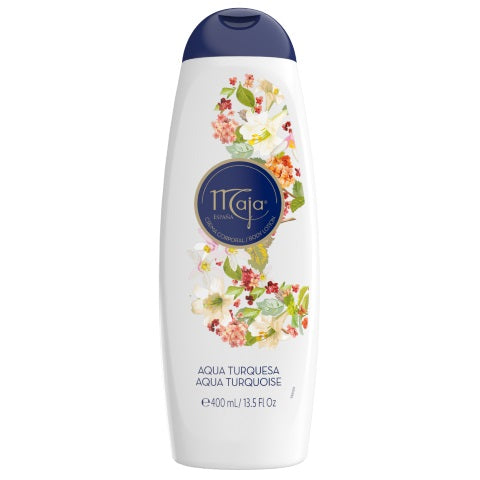 Maja Aqua turquesa bodylotion in 400ml bottle, featuring blue packaging, for moisturizing body skincare.