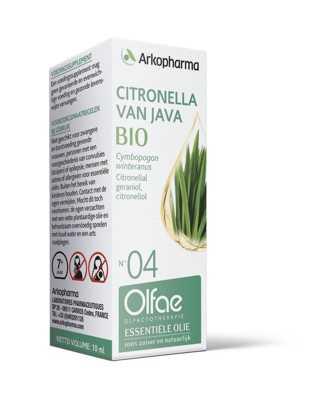 Olfae Citronella Van Java bio herbal preparation in a 10ml bottle, showcasing the herbal extract packaging and label.