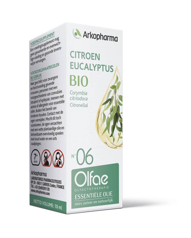 Olfae Citroen eucalyptus 06 bio herbal preparation in a 10ml bottle, featuring citrus and eucalyptus botanical ingredients.
