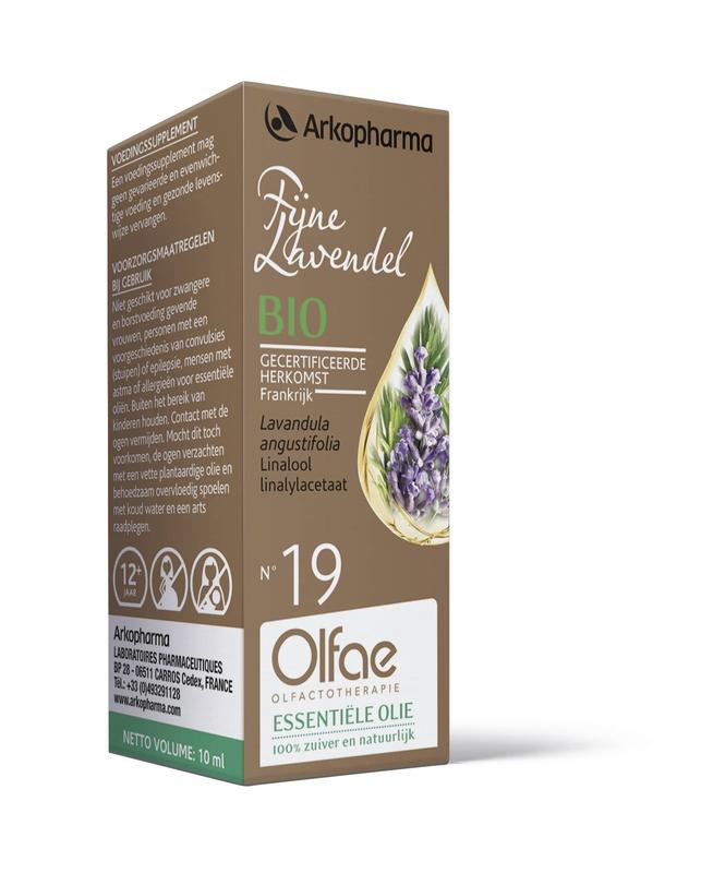 Olfae Fijne lavendel bio kruidenpreparaat in 10ml glass bottle, featuring dried lavender flowers for herbal use.