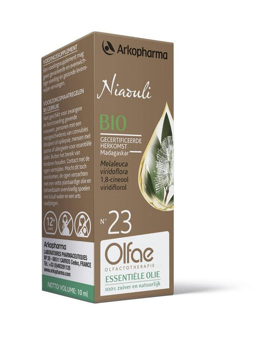 Olfae Niaouli 23 bio herbal preparation in a 10ml bottle, featuring natural Niaouli extract for wellness.