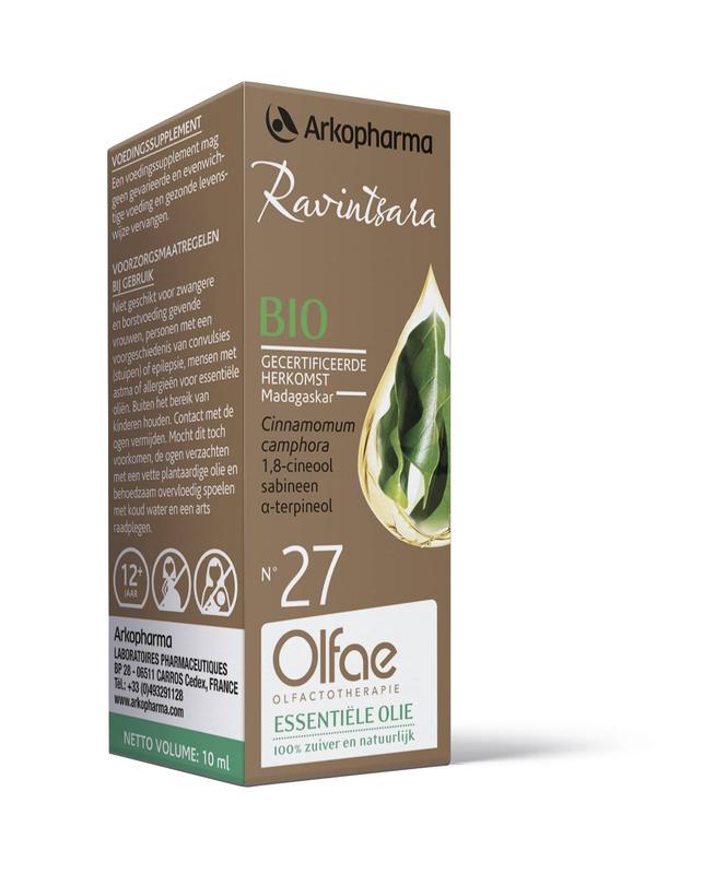 Olfae Ravintsara 27 bio herbal remedy in 5ml bottle, featuring natural Ravintsara leaves and packaging label.
