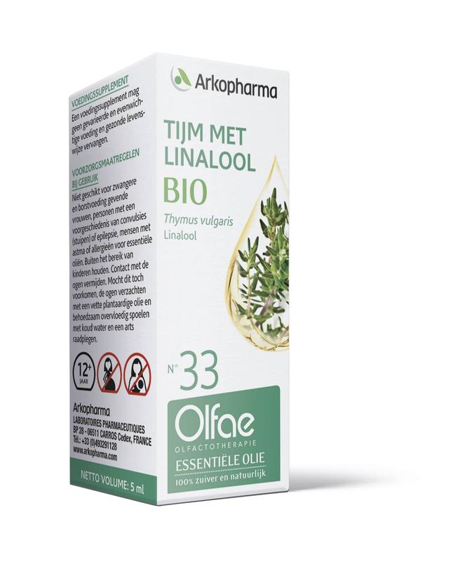Olfae Tijm met linalool bio kruidenpreparaat in 5 ml bottle, featuring fresh thyme with natural linalool for herbal use.